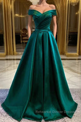 Dark Green Long Semi Formal Prom Dresses Elegant A Line Off the Shoulder Party Evening Dresses